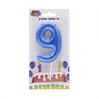 נר עוגה כחול מנצנץ גליטר ספרה-9