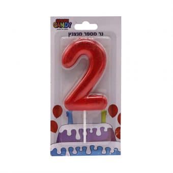נר עוגה אדום מנצנץ גליטר ספרה-  2