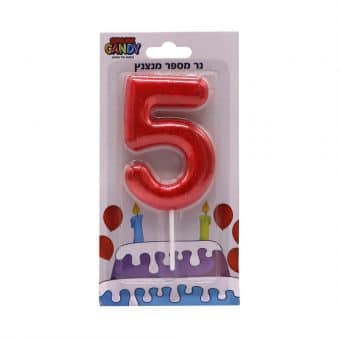 נר עוגה אדום מנצנץ גליטר ספרה-  5