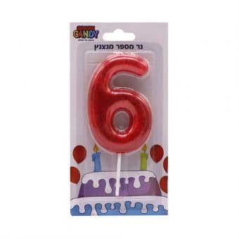 נר עוגה אדום מנצנץ גליטר ספרה-  6