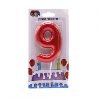 נר עוגה אדום מנצנץ גליטר ספרה-  9