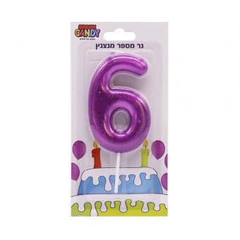 נר עוגה סגול מנצנץ גליטר ספרה-  6