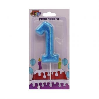 נר עוגה תכלת מנצנץ גליטר ספרה-  1