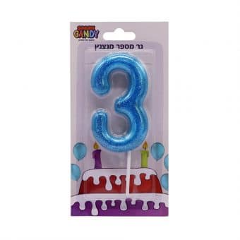 נר עוגה תכלת מנצנץ גליטר ספרה-  3