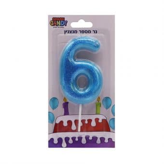 נר עוגה תכלת מנצנץ גליטר ספרה-  6